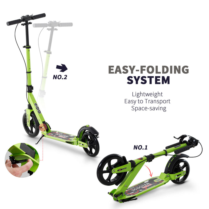 Kick Scooter, Folding 2 Wheel Scooter for 14+ Teens Adults, with Dual Brake System, Dual Suspension, 230mm Big Wheels, 3 Adjustable Handlebar, up to 100KG, Green