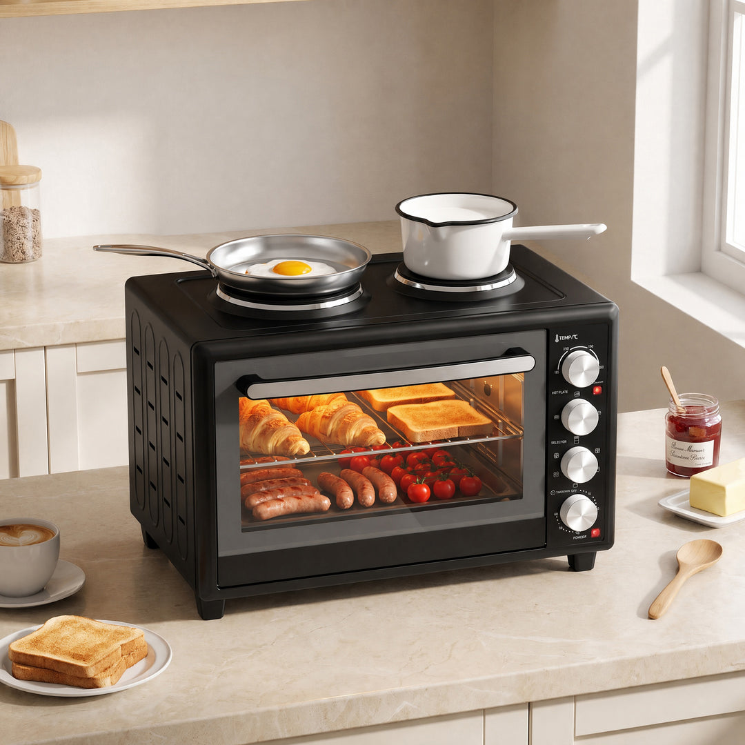 36L Mini Oven with Dual Hot Plates, Electric Countertop Cooker with Co