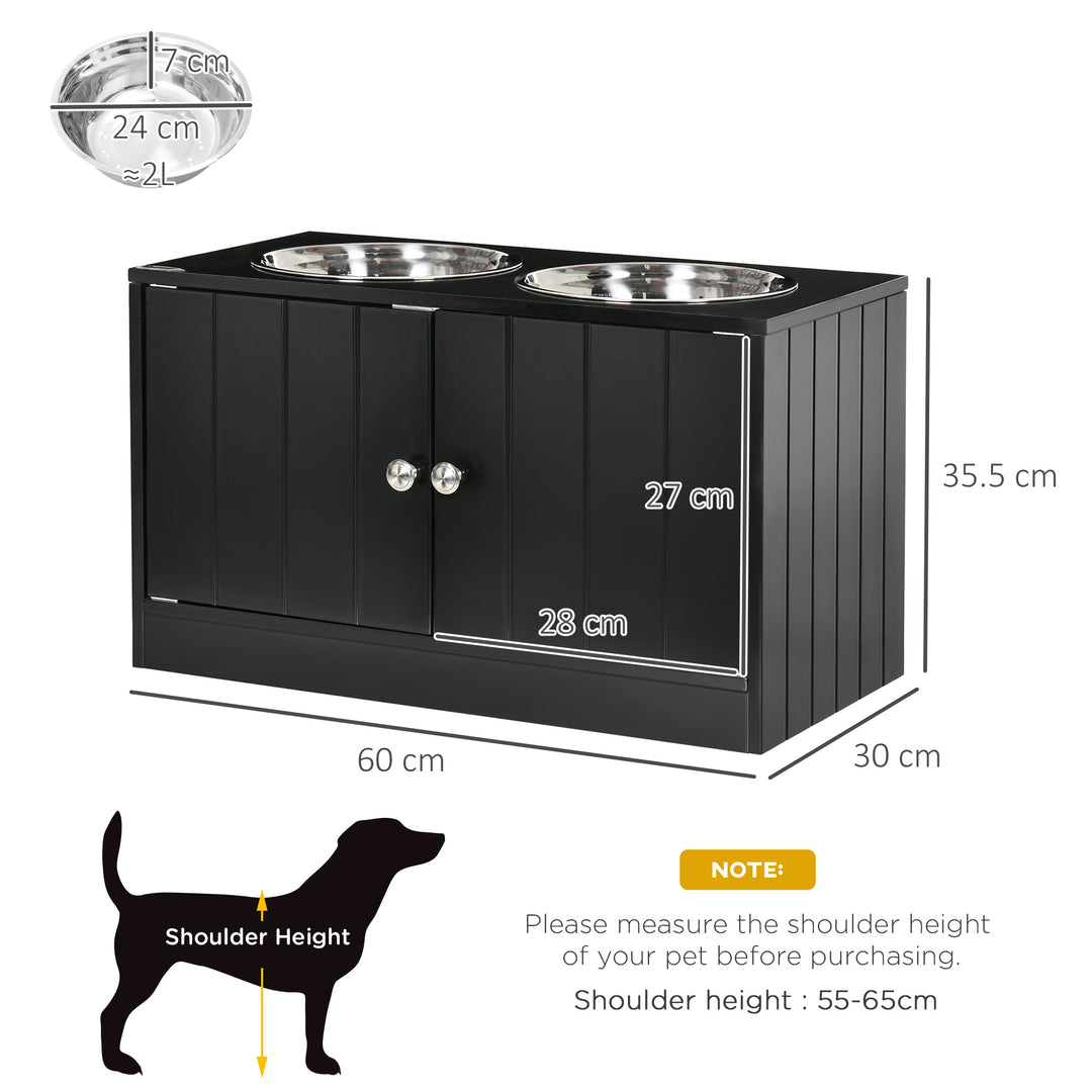 PawHut Pet Feeding Station for Large Dogs, Raised Dog Bowls with Stand, Storage, 2 Stainless Steel Bowls, Black, 60 x 30 x 35.5 cm | Aosom UK