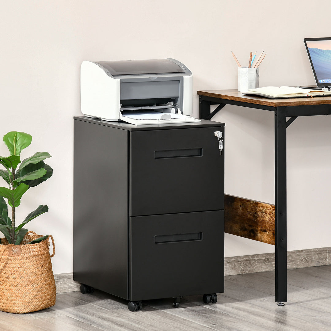 MCL Metal Mobile File Cabinet with Wheels, Lockable 2 Drawer Filing Cabinet for A4, Legal, Letter, Compact Under Desk Storage Unit with Pre-Assembled Body for Home Office, 39 x 48 x 67cm, Black