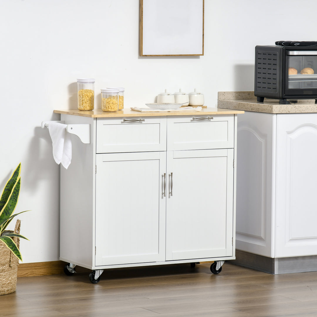 Kitchen Island Utility Cart, with 2 Storage Drawers & Cabinets for Dining Room, White