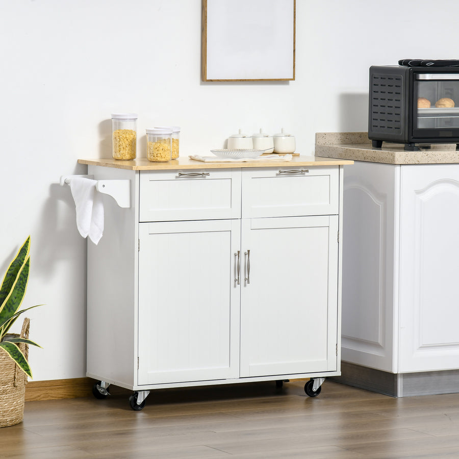 Kitchen Island Utility Cart, with 2 Storage Drawers & Cabinets for Dining Room, White