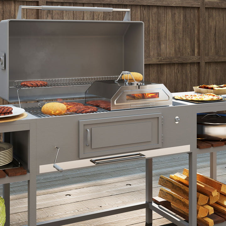 8 in Portable Stainless Steel BBQ Grill Top Pizza Oven with Built-in Thermometer and Viewing Window for Gas and Charcoal BBQ Grills, Includes Carry Handles, Pizza Stone and Peel, Silver Tone