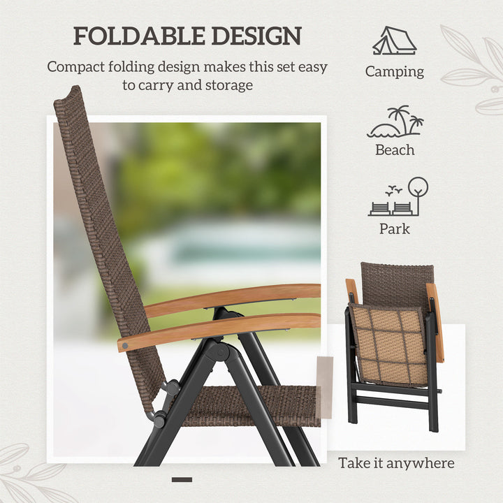 2 Pieces Folding Rattan Garden Dining Chairs with 5-level Reclining High Back, Wood Armrests for Outdoor - Brown