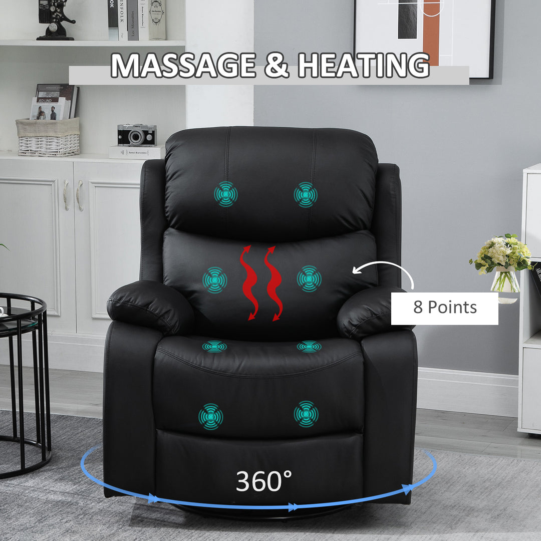 PU Leather Reclining Chair with 8 Massage Points and Heat, Manual Recliner with Swivel Base, Footrest and Remote, Black