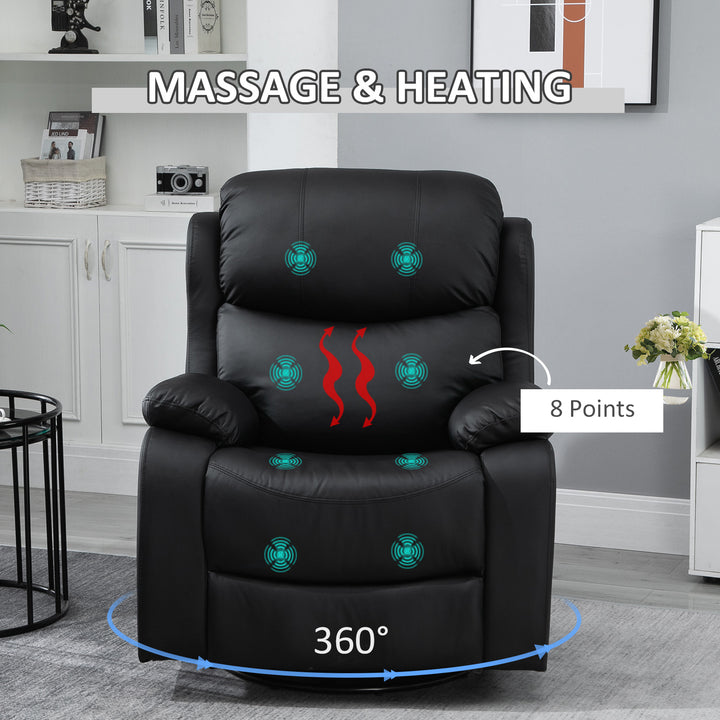PU Leather Reclining Chair with 8 Massage Points and Heat, Manual Recliner with Swivel Base, Footrest and Remote, Black