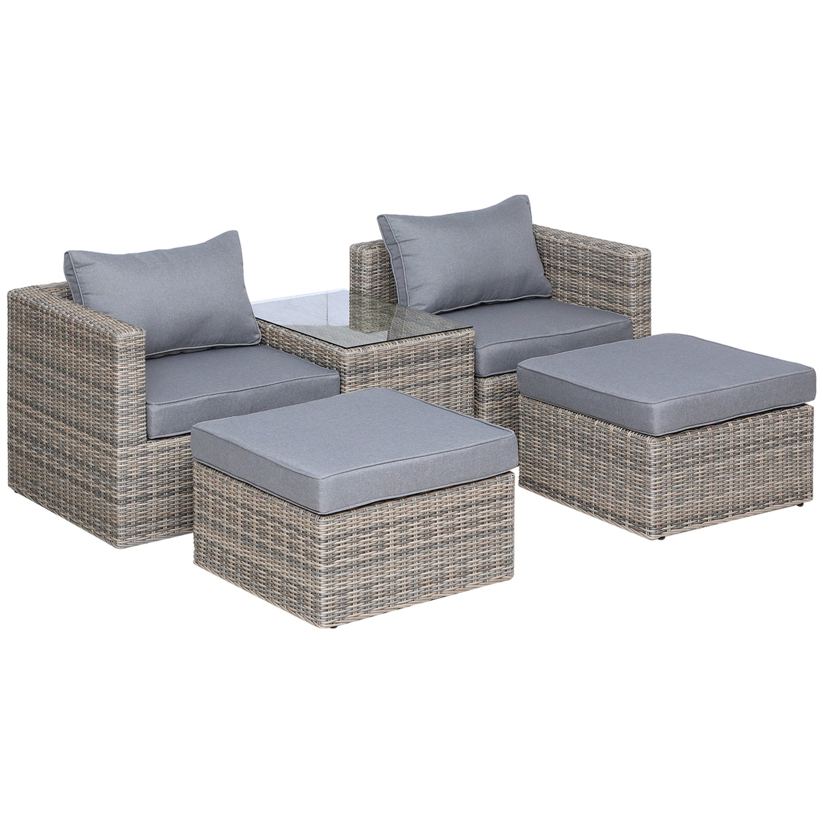 5 Piece Rattan Garden Furniture Set w/ 10cm Thick Cushions, Aluminium Frame Wicker Outdoor Balcony Sofa Set with Corner Armchairs, Ottomans, and Glass Top Table, Mixed Brown