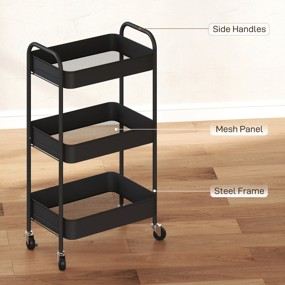 Three-Tier Steel Storage Trolley - Black