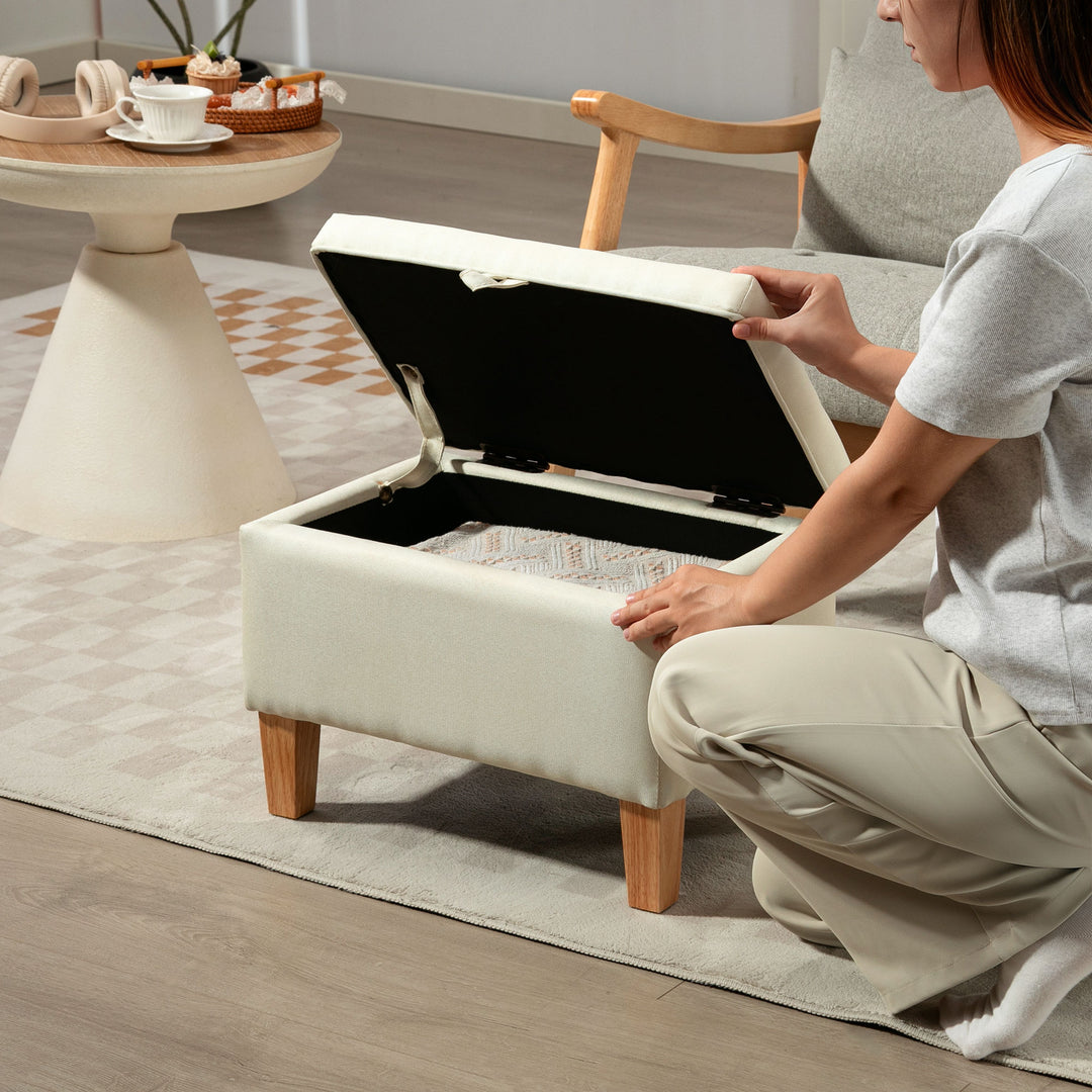 HOMCOM 16L Linen Storage Ottoman Padded Footstool with Rubberwood Legs for Storage Box, Bed End, Shoe Bench, Seating, Beige