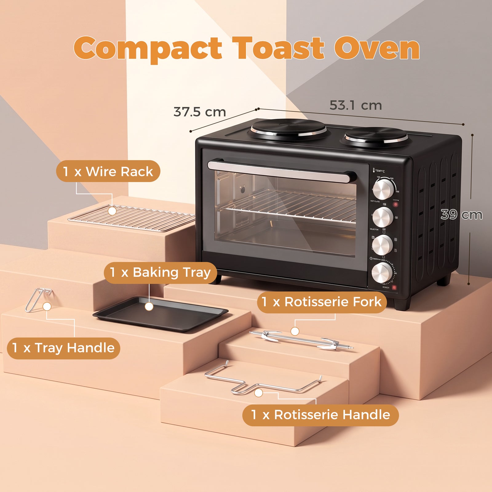 36L Mini Oven with Dual Hot Plates, Electric Countertop Cooker with Co