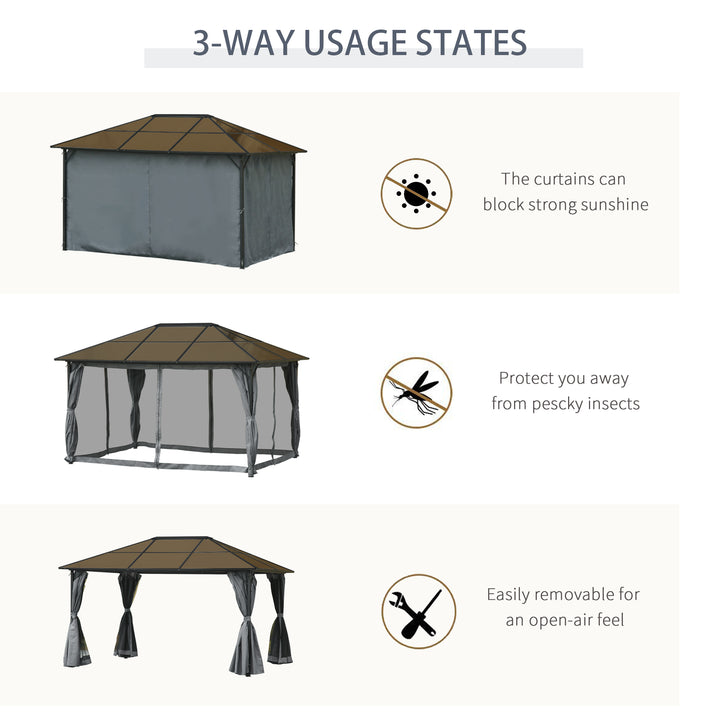 3 x 4m Hardtop Gazebo Canopy with Polycarbonate Roof, Aluminium Frame, Permanent Pavilion Garden Gazebo with Netting and Curtains - Grey