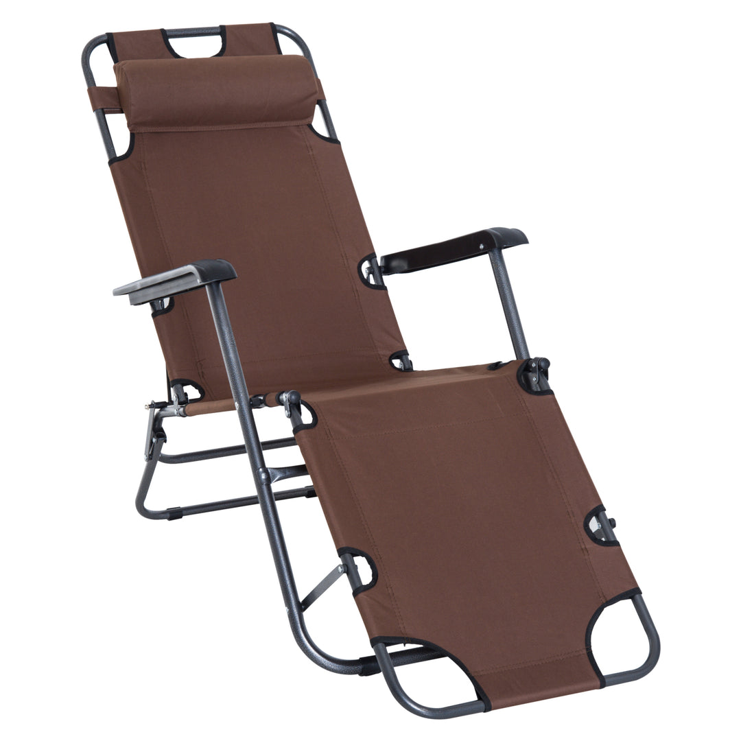 2 in 1 Folding Sun Lounger Reclining Garden Chair with 2-Level Adjustable Backrest, Outdoor Zero Gravity Recliner Garden Chair with Head Pillow and Armrests, Brown