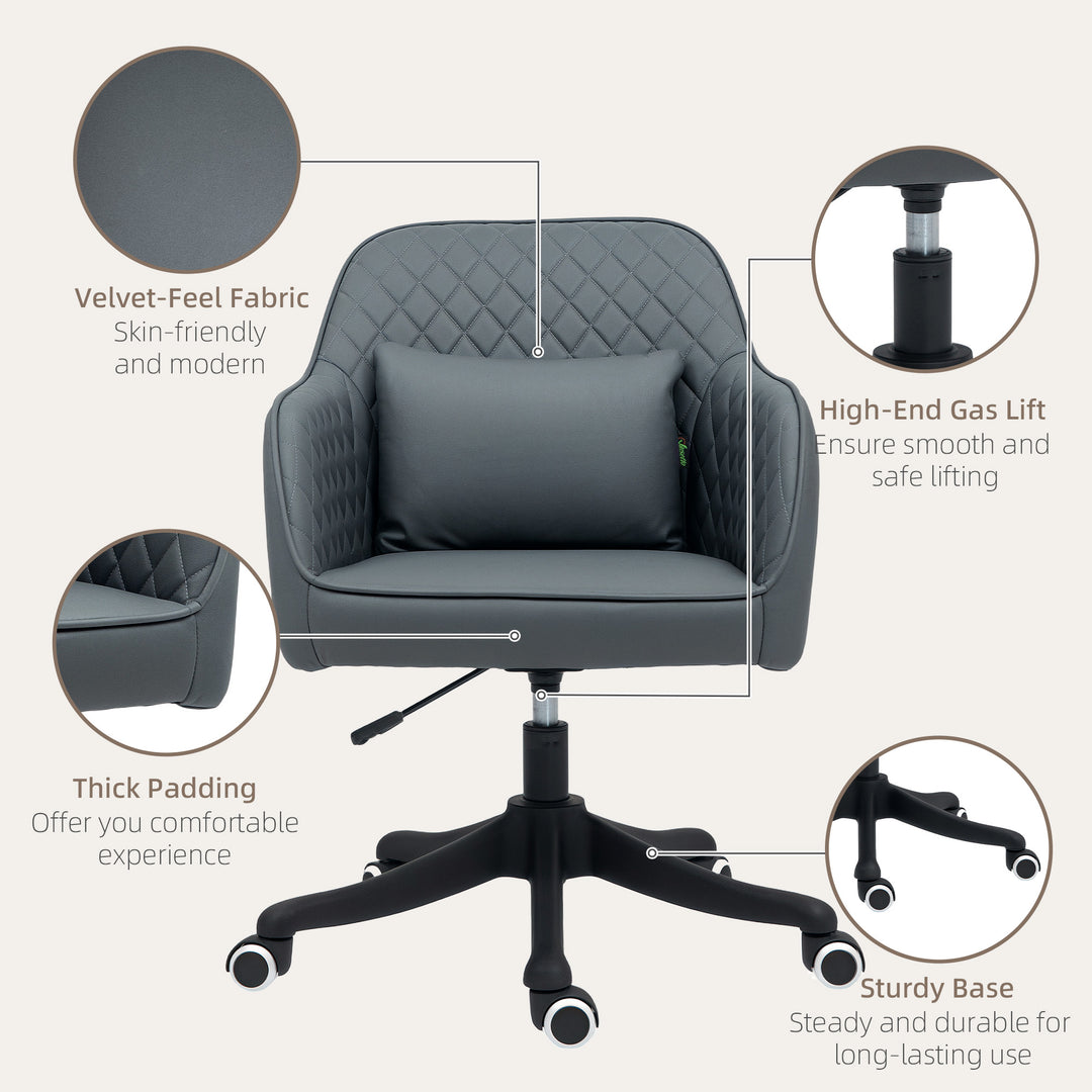 Microfiber Office Chair, Desk Chair, Makeup Vanity Chair with Massage Lumbar Pillow and Rolling Wheels for Bedroom and Home, Grey