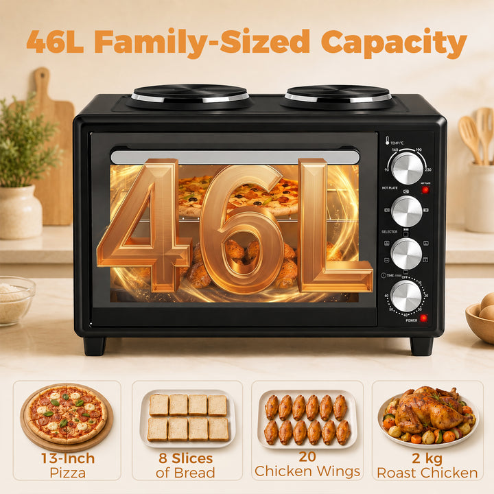 46L Mini Oven with Dual Hot Plates, Electric Countertop Cooker with Co