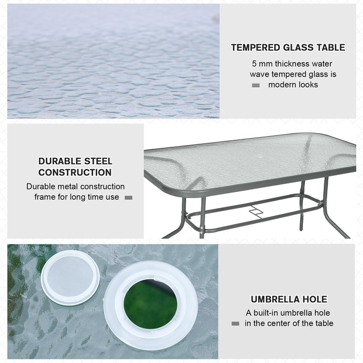 Garden Dining Table Glass Top Metal Frame with Parasol Hole Outdoor Balcony Grey 140L x 80Wcm