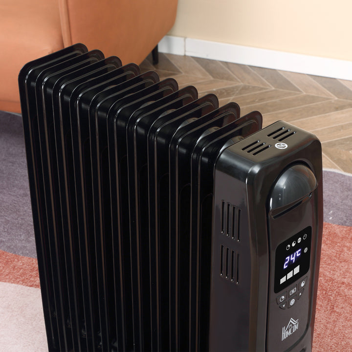 2000W Digital Oil Filled Radiator, 9 Fin, Portable Electric Heater with LED Display, Timer, 3 Heat Settings, Safety Cut-Off and Remote Control, Black