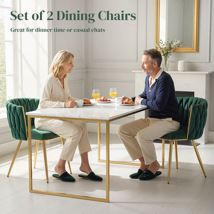 Velvet-Feel Dining Chairs Set of 2, Modern Upholstered Kitchen Chairs with Woven Backrest and Armrests, Metal Legs and Padded Seat for Dining Room, Bedroom, Living Room