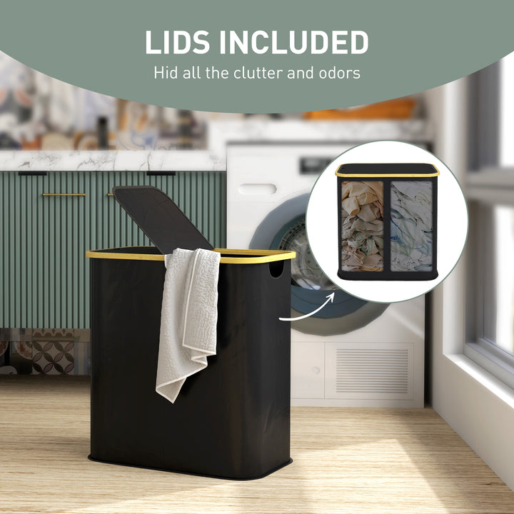 Double Laundry Basket With Lid, 80L Collapsible Laundry Hamper with Groove Handles, Washing Basket for Bathroom, Bedroom, Laundry Room, Black