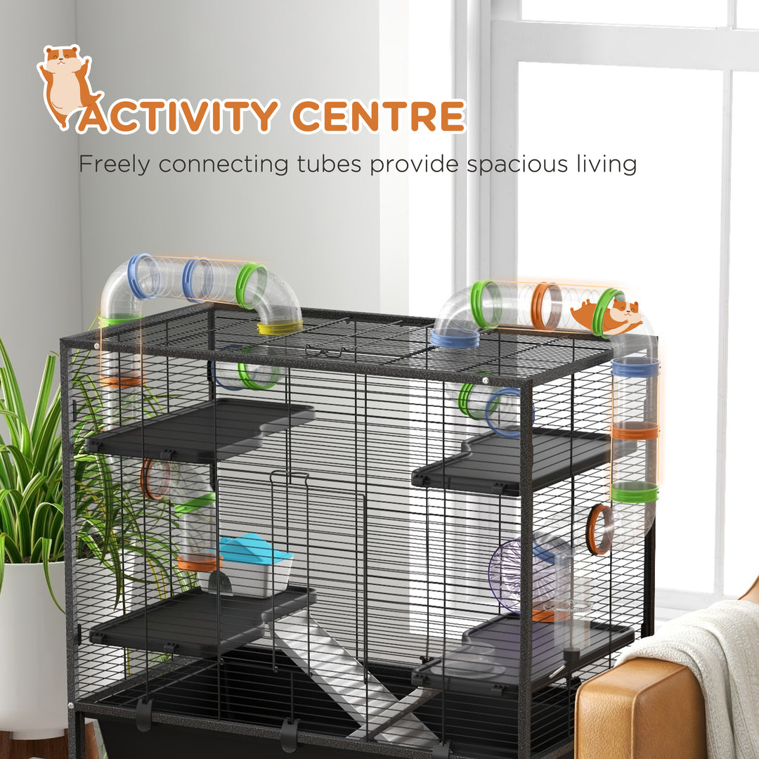 PawHut Large Hamster Cage Gerbil Cage with Tubes, Storage Shelf, Ramps, Platforms, Running Wheel - Black