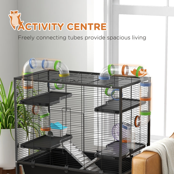 PawHut Large Hamster Cage Gerbil Cage with Tubes, Storage Shelf, Ramps, Platforms, Running Wheel - Black