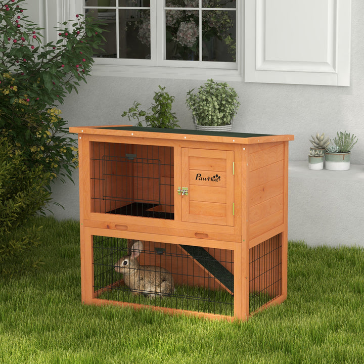 PawHut Two-Tier Antiseptic Wood Rabbit Hutch, 80cm Guinea Pig Hutch with Run - Orange | Aosom UK