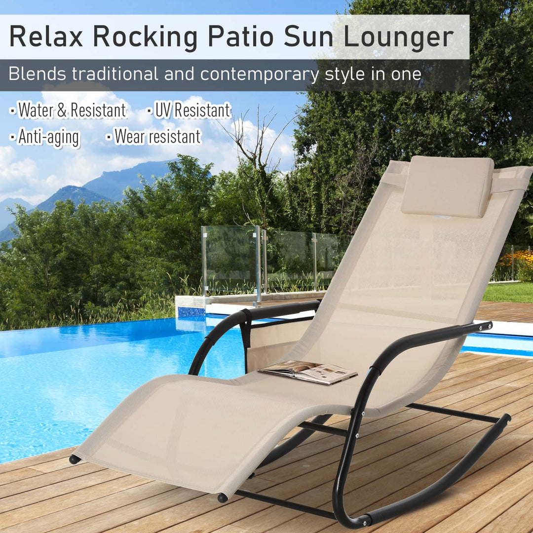 Outdoor Garden Rocking Chair, Patio Sun Lounger Rocker Chair with Breathable Mesh Fabric, Removable Headrest Pillow, Armrest, Side Storage Bag, Cream White