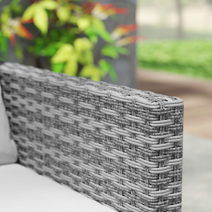 3 Pieces Rattan Bistro Set with 4 Cushions, Wicker Garden Furniture Set, Glass Top Coffee Table and Chairs for Outdoor Patio, Balcony, Terrace and Conservatory, Grey