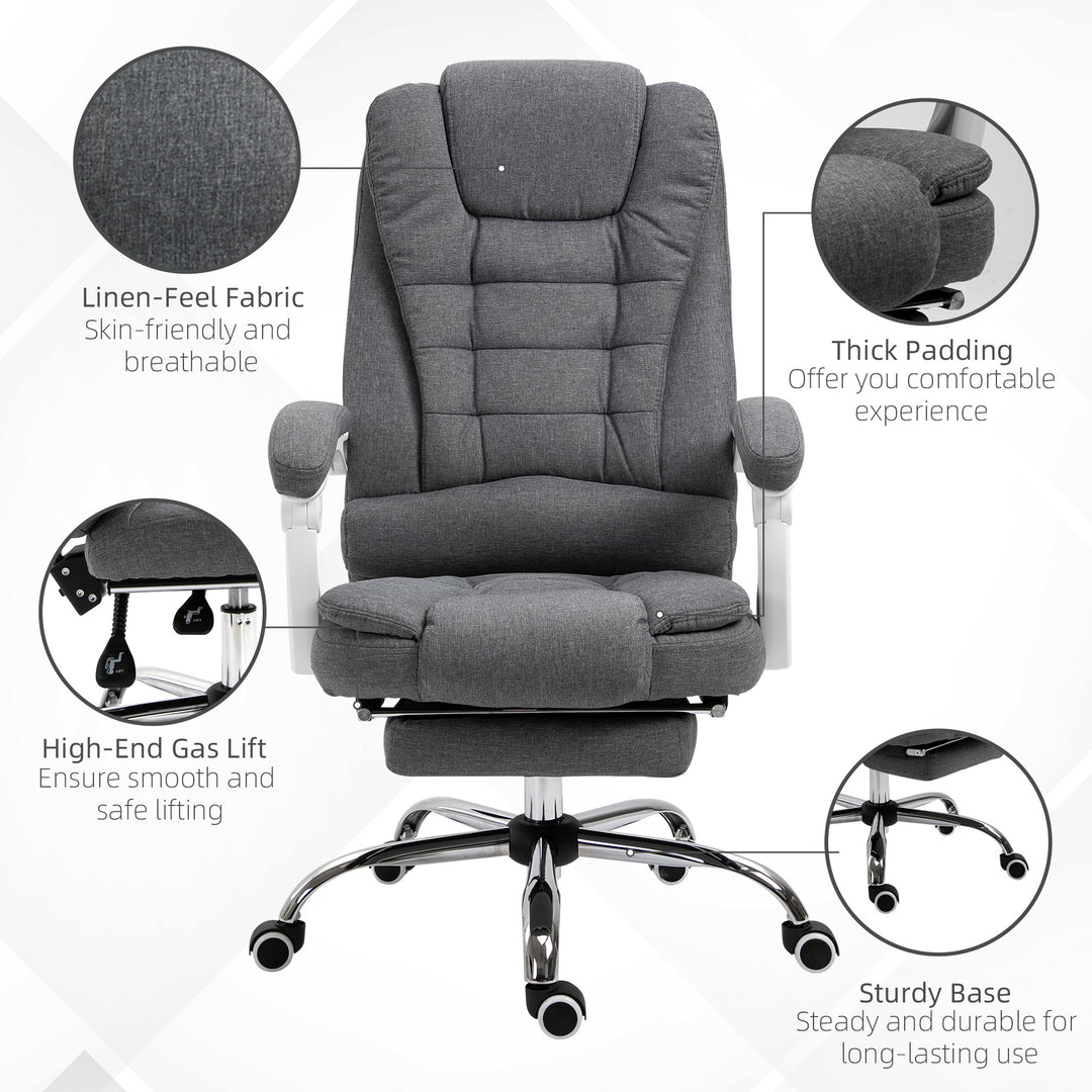 Office Chair, Computer Desk Chair, Linen Fabric Swivel Rolling Task Chair with Large Soft Padded Cushion, 135° Reclining Backrest and Retractable Footrest, Grey
