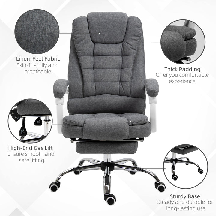 Office Chair, Computer Desk Chair, Linen Fabric Swivel Rolling Task Chair with Large Soft Padded Cushion, 135° Reclining Backrest and Retractable Footrest, Grey