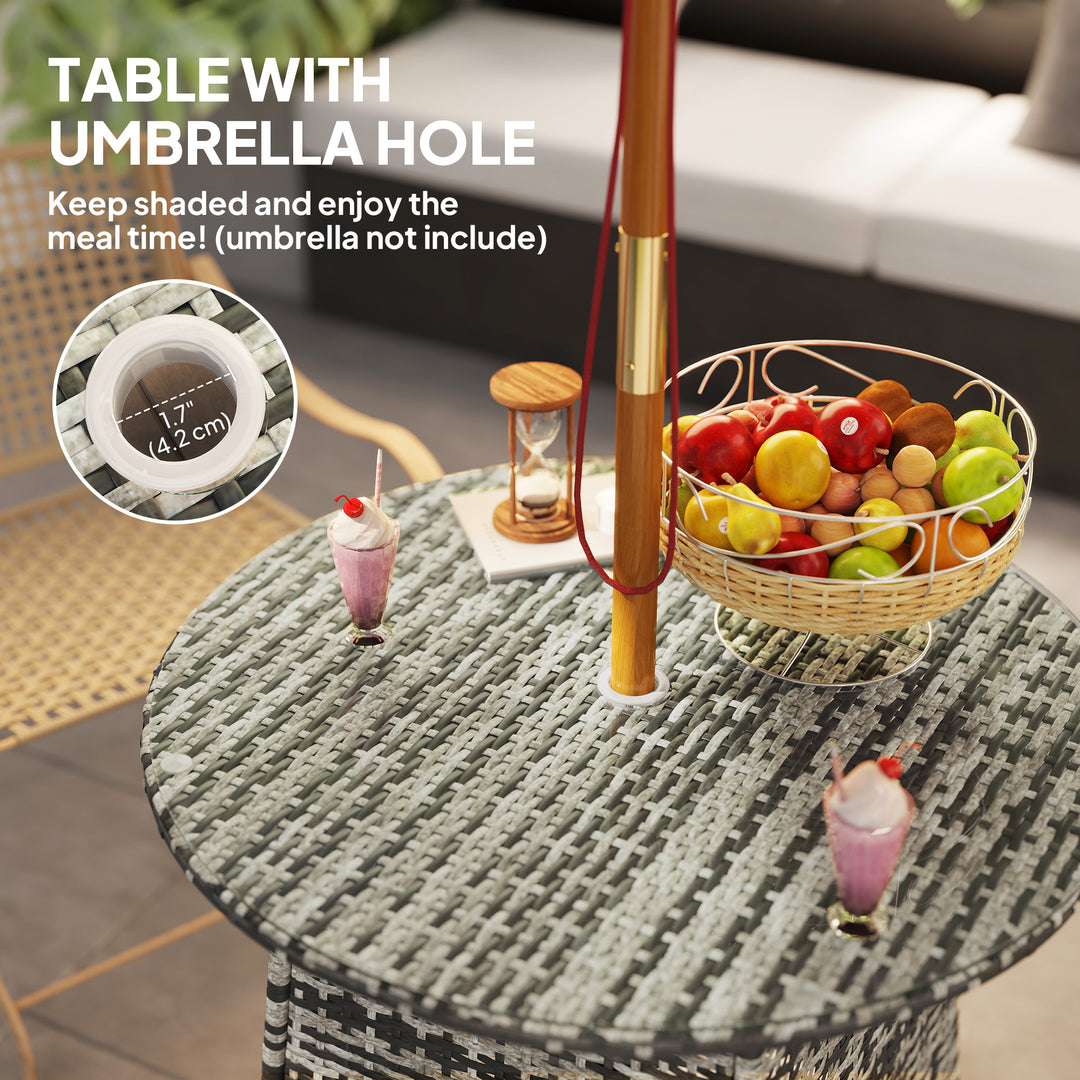 Wicker Garden Rattan Table, Patio Furniture Outdoor Coffee Table with Umbrella Hole and Tempered Glass Top, Grey