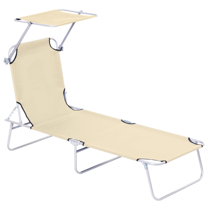 MCL Outdoor Foldable Sun Lounger, 4 Level Adjustable Backrest Reclining Sun Lounger Chair with Angle Adjust Sun Shade Awning for Beach, Garden, Patio, Beige