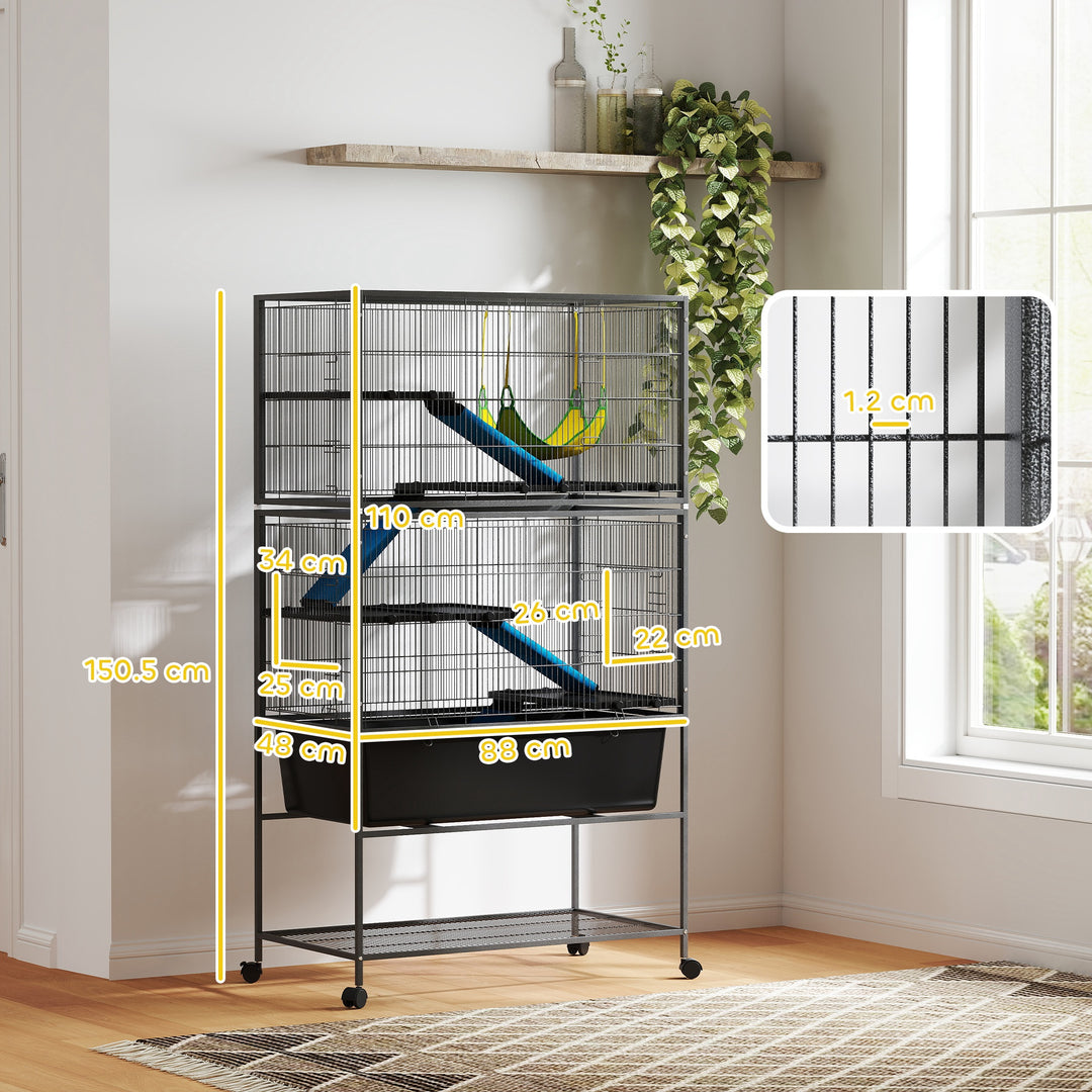 5 Levels Rolling Small Animal Cage with Non Slip Ramps, Slide Out 16cm Deep Tray, 88 x 48 x 150.5cm, Dark Grey