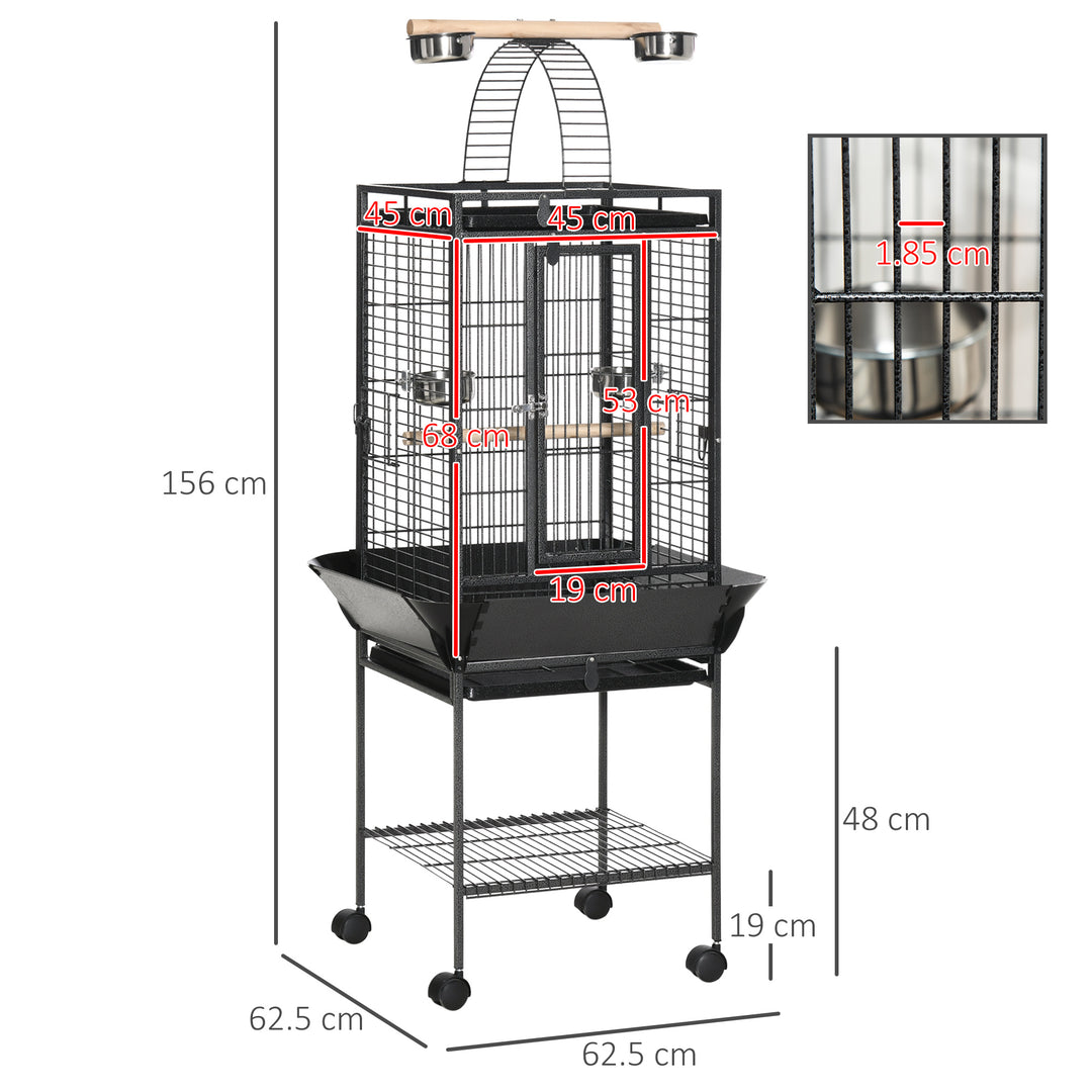 156cm Bird Cage,Large Parrot Cage with Open Play Top, Perch, Seed Guard, Wheels, Storage Shelf, Dark