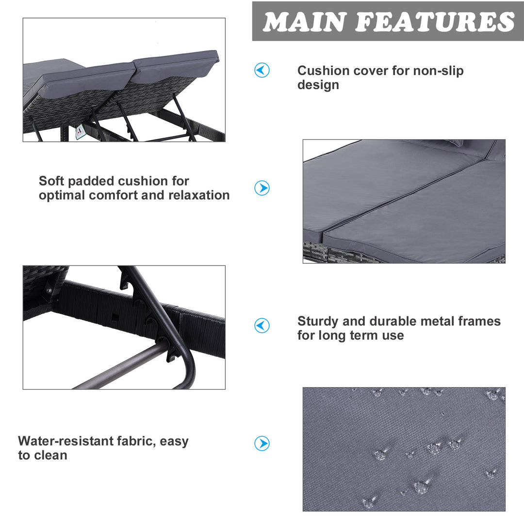 MCL 2 Seater Rattan Lounger Adjustable Double Chaise Chair Loveseat w/ Cushion - Grey