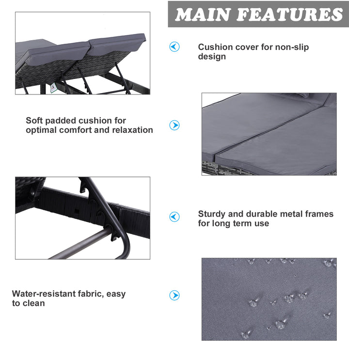 MCL 2 Seater Rattan Lounger Adjustable Double Chaise Chair Loveseat w/ Cushion - Grey