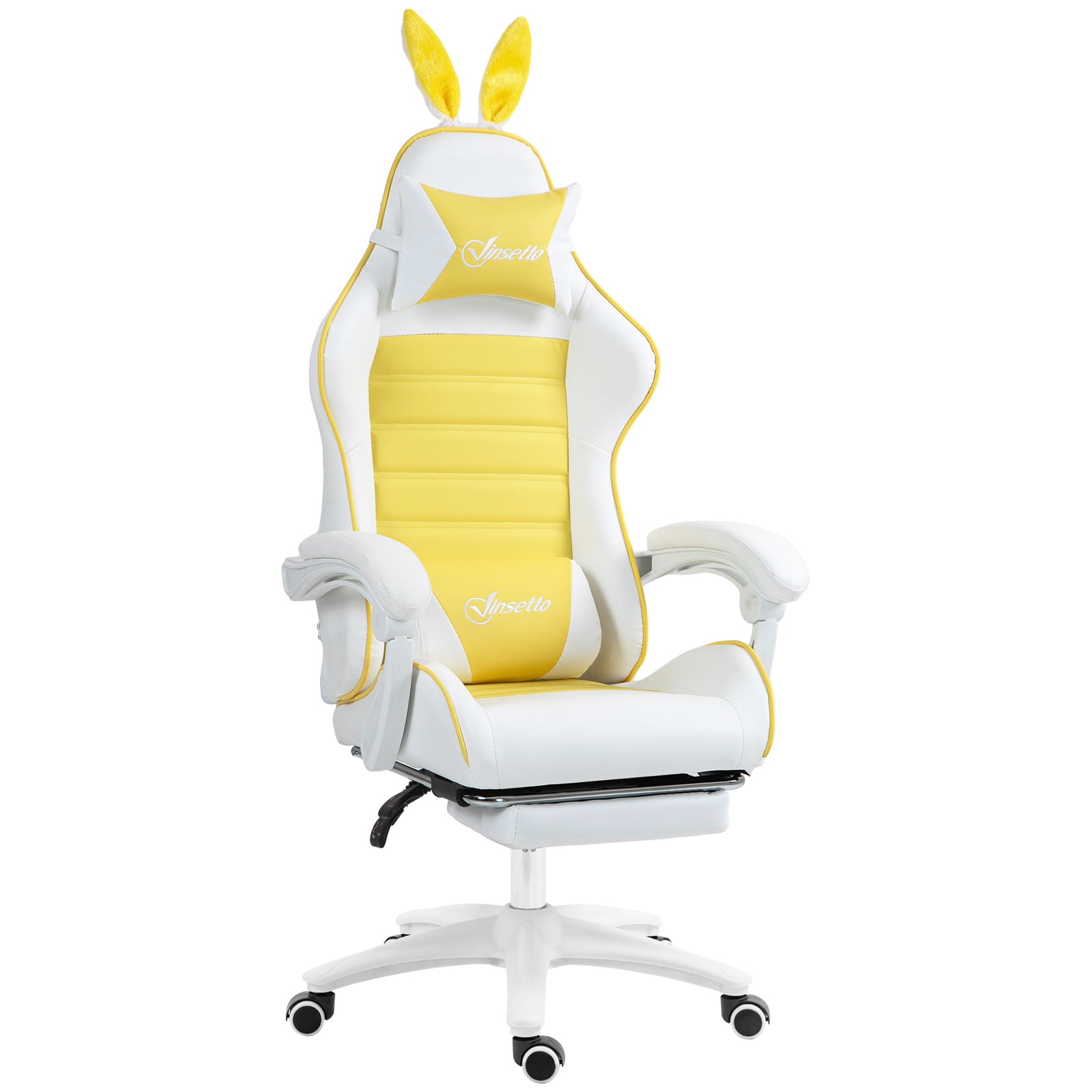 Reclining Racing Gaming Chair with Headrest and Lumber Support, PU Leather Computer Chair with Removable Rabbit Ears, Footrest, Yellow