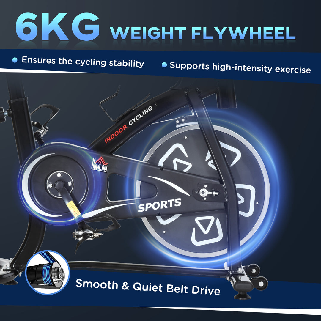 Indoor Stationary Exercise Bike 6kg Flywheel Fitness Cardio Workout Bke Trainer for Home Gym w/ Adjustable Resistance LCD Monitor Pad and Bottle Holder Black