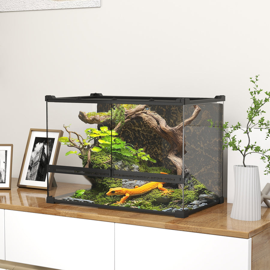 Reptile Glass Terrarium with Stone Background, Front Ventilation, Escape-Proof Knob Lock, 50 x 30 x 35 cm, Black
