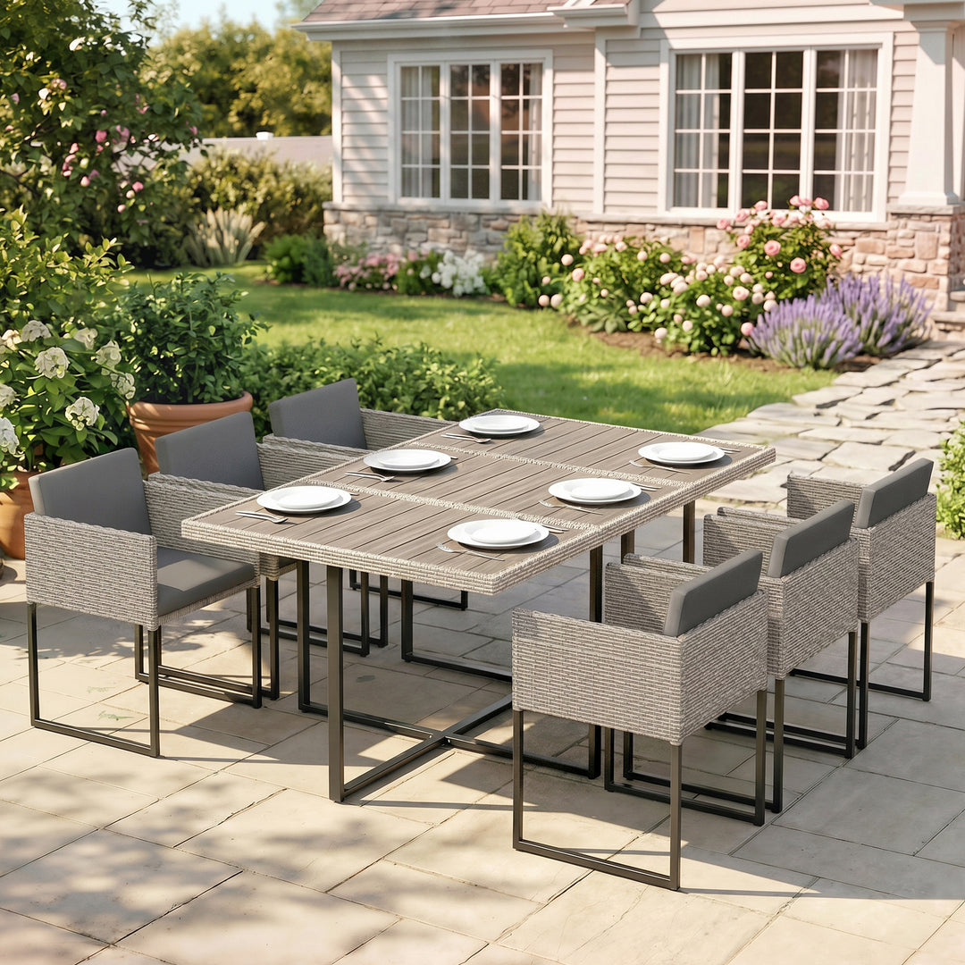7 Piece Rattan Garden Furniture Set, Garden Dining Set with Wood-Plast