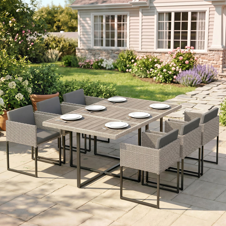 7 Piece Rattan Garden Furniture Set, Garden Dining Set with Wood-Plast