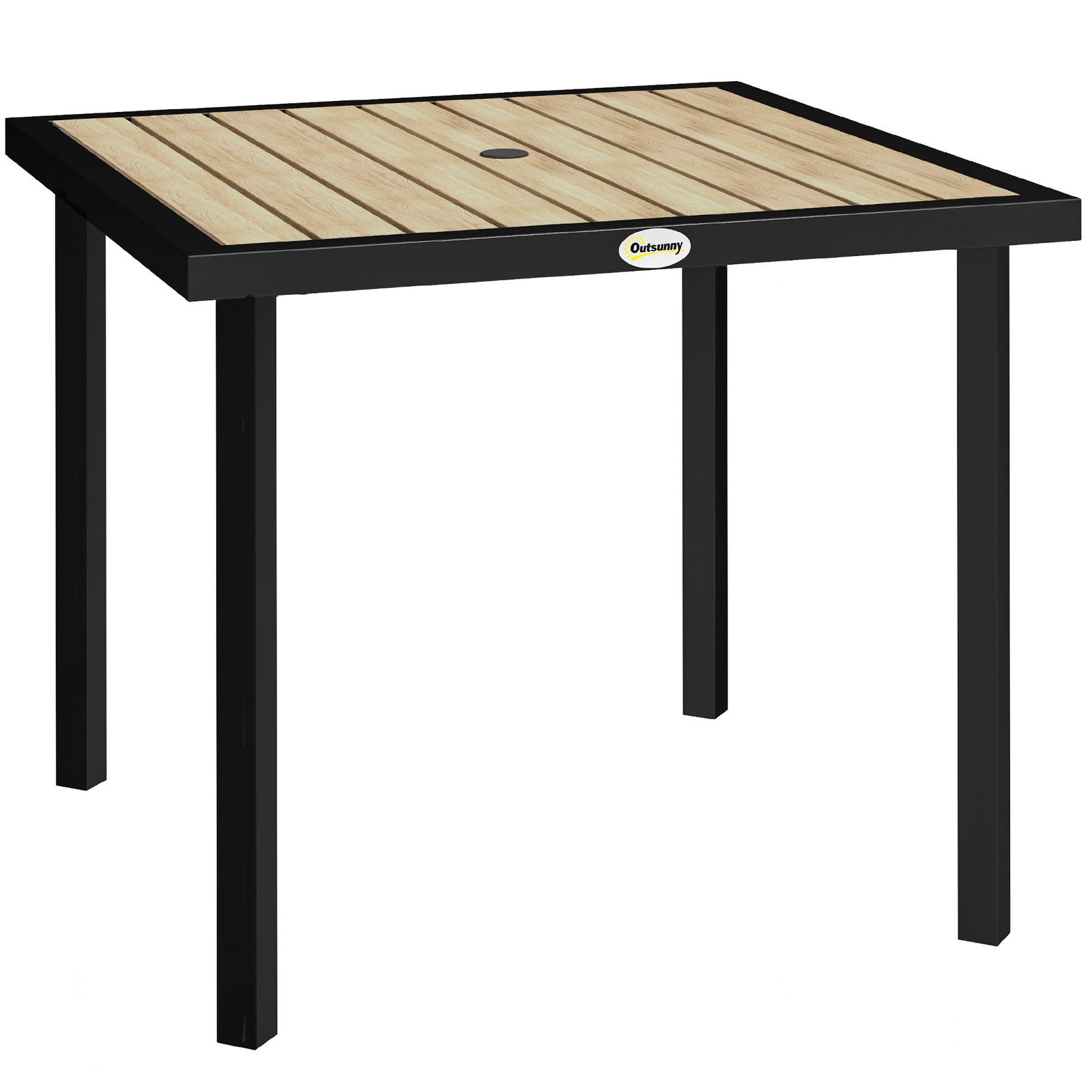 Square Garden Dining Table with 5.4cm Parasol Hole, Slatted Top, Metal Frame, 86 x 86 x 71cm, Brown