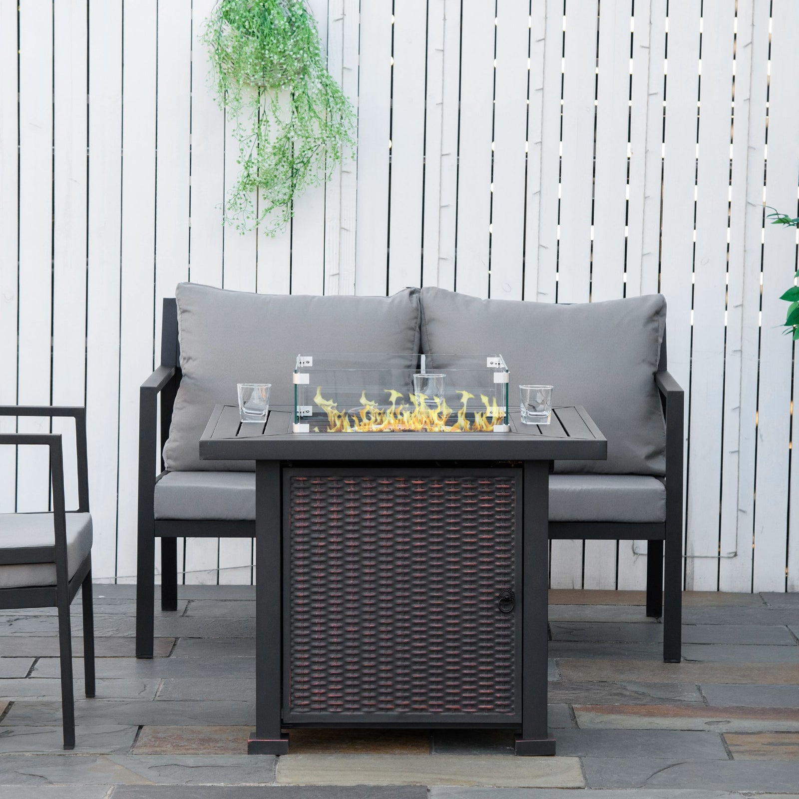 Square Propane Gas Fire Pit Table, 50000 BTU Rattan Smokeless Firepit Patio Heater with Glass Screen, Glass Beads and Lid, 81cm x 81cm x 64cm, Black