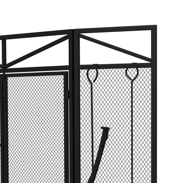 3 Panel Folding Fire Guard Screen with Fireplace Tool Sets and Front Doors, Freestanding Fire Screen Spark Guard with Feet for Open Fire, Log Burner, Fireplace, 122 x77 cm, Black