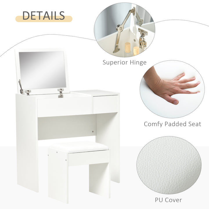 Makeup Desk with Drawer, Vanity Table Set with Flip-up Mirror and Cushioned Stool, White