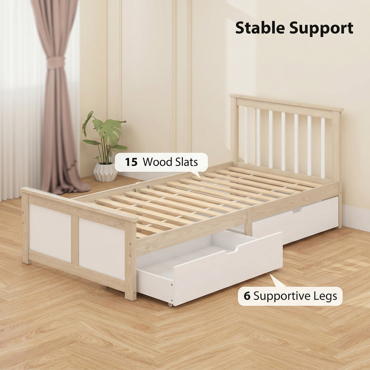 Pine Storage Bed, 3ft Single Solid Wooden Bed Frame with Drawers, Head