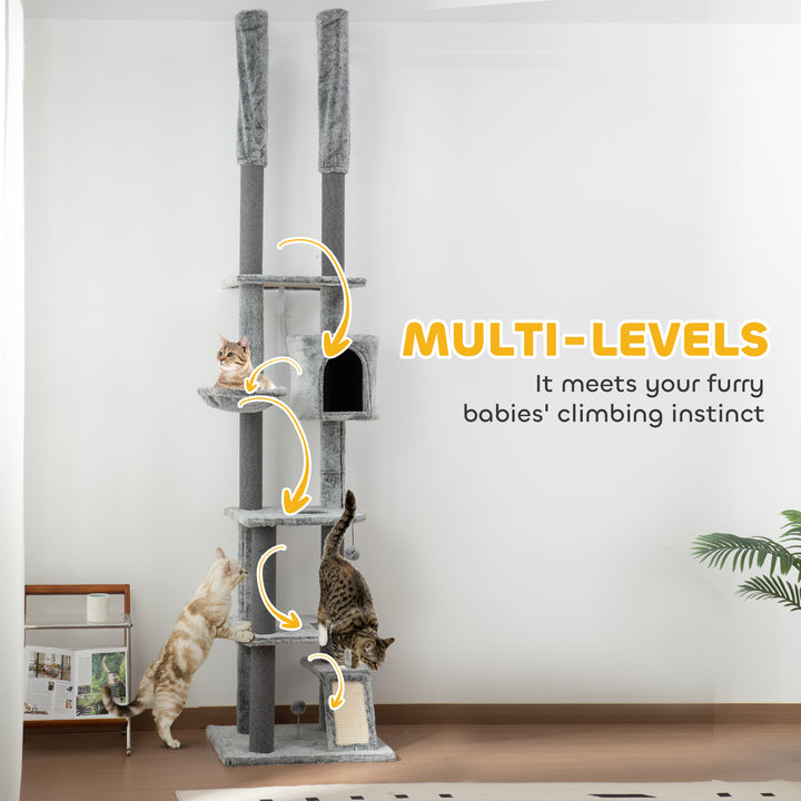 225-255cm Floor to Ceiling Cat Tree, Large Cat Tower w/ Cat Scratching Posts, Ramp, Cat House