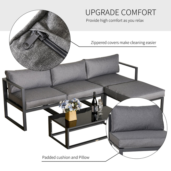 Outsunny 5 Pieces Outdoor Patio Furniture Set, Sofa Couch with Glass Coffee Table, Cushioned Chairs and Metal Frame, for Balcony Garden Backyard, Grey