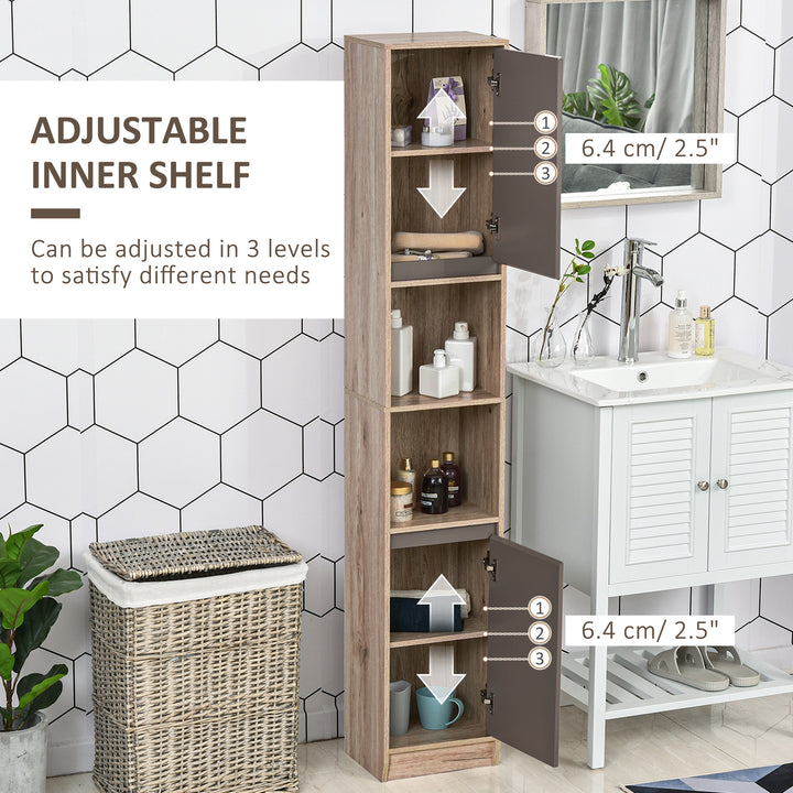 Narrow Bathroom Cabinet, Slim Bathroom Storage Unit with Open Compartment, Freestanding Storage Cupboard with Adjustable Shelves for Small Spaces, 30 x 24 x 170 cm, Grey and Oak