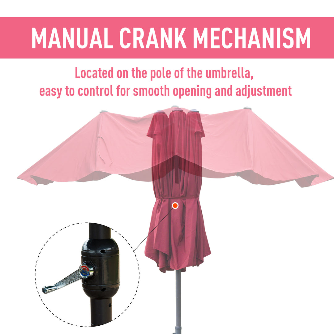 4.6M Sun Umbrella Canopy Double-sided Crank Sun Shade w/ Cross Base Wine Red