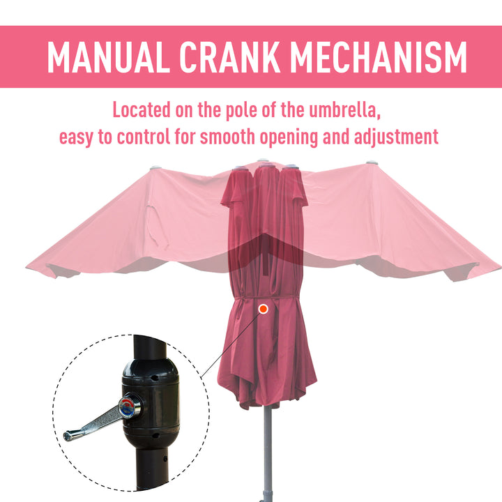 4.6M Sun Umbrella Canopy Double-sided Crank Sun Shade w/ Cross Base Wine Red